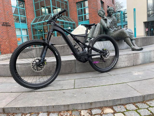 Schwarzes Specialized Levo Comp vor einer Skulptur