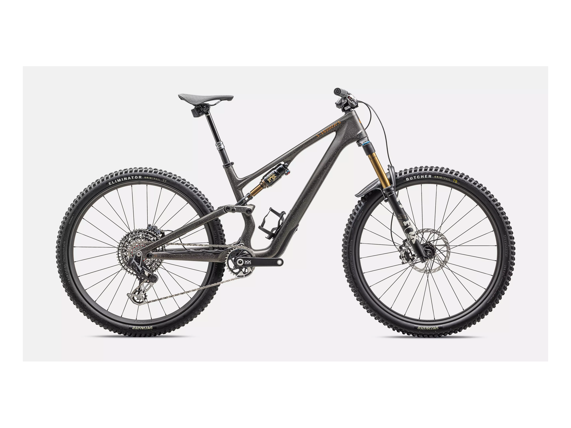 S-Works Stumpjumper 15 – SRAM XX AXS, FOX Factory in Satin Gunmetal / Clay / White Mtn / Dove Grey / Gloss Bronze, Seitenansicht