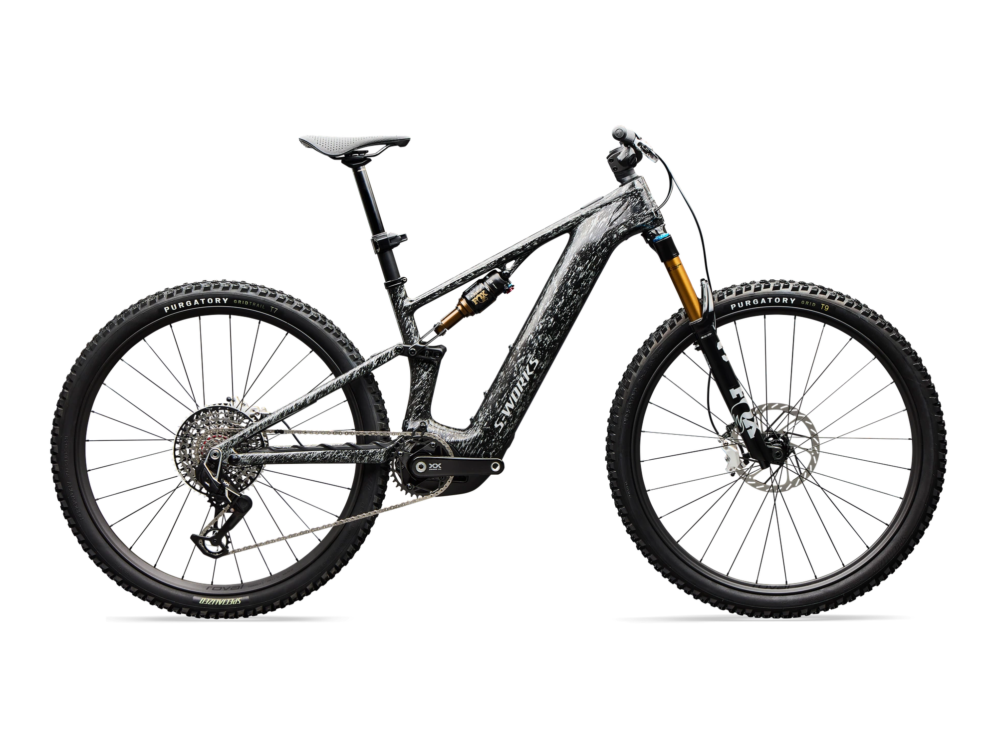 S-Works Turbo Levo R in Gloss Silver Speckle Over Carbon, Seitenansicht