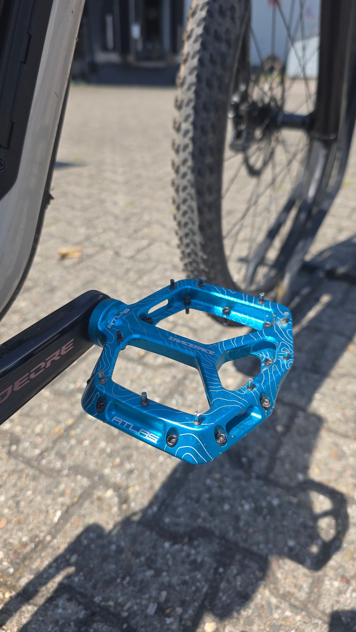 Blaues Flatpedal an einem Specialized Stumpjumper 15 Alloy